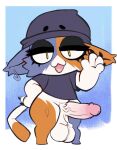 :3 anthro balls beanie big_penis black_clothing black_shirt black_topwear blue_background blue_body blue_fur bottomless bottomless_anthro calico_cat chibi claws clothed clothing domestic_cat ear_piercing epic_games erection eyeliner featureless_feet feet felid feline felis fortnite full-length_portrait fur genitals gesture gynomorph half-closed_eyes hat headgear headwear hi_res huge_penis hyper hyper_genitalia hyper_penis intersex lilbunpinky looking_at_viewer makeup mammal meow_skulls mostly_nude multicolored_body multicolored_fur narrowed_eyes open_mouth orange_body orange_fur penis piercing portrait presenting presenting_balls presenting_penis pubes saggy_balls shirt simple_background solo t-shirt tail thick_thighs topwear vein veiny_penis waving white_background white_body white_fur yellow_eyes