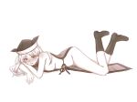  1girl absurdres blush boots breasts commentary_request embarrassed hat high_heel_boots high_heels highres large_breasts long_hair looking_at_viewer lying matara_okina mochigumo monochrome naked_tabard no_bra on_stomach open_mouth solo sweatdrop tabard touhou 