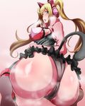  ass ass_focus blonde_hair blue_eyes blush breasts cat_ear_headphones cat_paws cat_tail covered_nipples frilled_skirt frills gloves headphones highres huge_ass kanta_(x-tei) large_breasts long_hair lucky_chloe parted_lips partially_visible_vulva paw_gloves paws pink_background skirt smile solo steam steaming_body sweat tail tekken tekken_7 twintails 