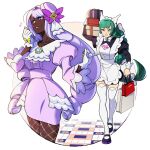  2girls apron ascot bag black_romper blunt_bangs bow bowtie box braid braided_ponytail breasts brown_eyes clenched_teeth commentary_request dark-skinned_female dark_skin dress fascinator fishnet_pantyhose fishnets frilled_ascot frills glove_bow gloves green_hair hair_ornament highres holding holding_box jacinthe_(pokemon) juliet_sleeves lebanne_(pokemon) long_braid long_hair long_sleeves low_drills maid maid_apron maid_headdress master_and_servant medium_breasts mega_stone multiple_girls musical_note open_mouth pantyhose pokemon pokemon_legends:_z-a puffy_sleeves purple_dress purple_eyes purple_hair romper shopping_bag sweatdrop teeth teirotmate thighhighs tsurime very_dark_skin white_bow white_bowtie white_gloves white_thighhighs 