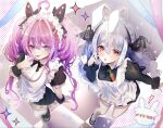  2girls ahoge animal_ear_hairband animal_ears apron black_bow black_bowtie black_hairband black_shirt black_shoes black_sleeves black_wrist_cuffs blue_eyes blue_hair blue_nails blush bow bowtie braid carrot center_frills collared_shirt dress fake_animal_ears finger_to_mouth fingernails frilled_dress frilled_headwear frilled_sleeves frilled_wrist_cuffs frills from_above hair_between_eyes hair_intakes hairband highres hololive hololive_dev_is honnoshioriii kikirara_vivi long_hair long_sleeves looking_up low_twin_braids maid maid_apron maid_headdress multicolored_eyes multiple_girls nail_polish pink_eyes pink_hair pink_nails rabbit_ear_hairband rabbit_ears shirt shoes short_sleeves standing standing_on_one_leg thighhighs tongue tongue_out twin_braids twintails two-tone_eyes usada_pekora v white_thighhighs wrist_cuffs 