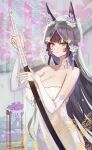  1girl absurdres animal_ear_fluff animal_ears azur_lane black_hair breasts bridal_gauntlets bridal_veil bride cleavage dress facial_mark fox_ears fox_girl highres holding holding_weapon katana kitsune large_breasts long_hair long_veil looking_at_viewer musashi_(azur_lane) musashi_(purest_wisteria)_(azur_lane) official_alternate_costume ruan_dao sideless_dress solo sword veil very_long_hair weapon wedding_dress whisker_markings white_bridal_gauntlets white_dress yellow_eyes 