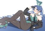  1girl absurdres animal_ear_hairband animal_ears black_gloves black_necktie black_pantyhose black_shirt blue_hair breasts brown_eyes closed_mouth detached_collar earrings fake_animal_ears gloves green_leotard green_shoes hairband hear_(kpmf4732) high_heels highres idolmaster idolmaster_(classic) jewelry kisaragi_chihaya knee_up leotard long_hair long_sleeves necktie pantyhose partially_unbuttoned playboy_bunny ponytail rabbit_ear_hairband rabbit_ears reclining shirt shoes small_breasts solo strapless strapless_leotard 