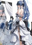  1girl absurdres back backless_outfit bare_shoulders black_bow blue_archive blue_flower blue_hair blue_halo blush bouquet bow breasts cleavage dress earrings feather_earrings feathers flower halo high_ponytail highres holding holding_bouquet jewelry large_breasts leviathan_(hikinito0902) long_hair looking_at_another looking_back mirror ponytail reflection saori_(blue_archive) sidelocks sleeveless sleeveless_dress thigh_strap white_dress 