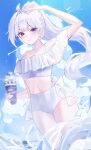  1girl ahoge arm_up bare_shoulders bikini blue_sky blush breasts closed_mouth cloud collarbone commentary cowboy_shot cup day food frilled_bikini frills high_ponytail highres holding holding_cup ice_cream ine_(vtuber) korean_commentary lens_flare long_hair looking_at_viewer meung-sil navel ocean off-shoulder_bikini off-shoulder_one-piece_swimsuit off_shoulder one-piece_swimsuit outdoors ponytail purple_eyes shading_eyes sky smile solo stomach swimsuit very_long_hair virtual_youtuber wading waktaverse water white_bikini white_hair 