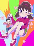  1girl blush brown_hair fukumikan heart hood hoodie matsuno_osomatsu miniboy multicolored multicolored_background one_eye_closed osomatsu-kun osomatsu-san short_twintails sitting skirt smile turtleneck twintails yowai_totoko 