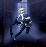 1boy 1girl ahoge alley antenna_hair arcueid_brunestud back-to-back black_hair black_pants blonde_hair blue_skirt boots breasts brown_boots fighting_stance fingernails fog glaring glowing glowing_eyes hair_between_eyes hair_intakes highres isogashii jacket jumping leg_up miniskirt multicolored_jacket mystic_eyes_of_death_perception open_clothes open_jacket pants partially_shaded_face plaid_clothes plaid_skirt red_eyes reverse_grip running sharp_fingernails shirt shoes short_hair sideboob skirt sneakers sweater tohno_shiki tsukihime tsukihime_(remake) turtleneck turtleneck_sweater two-tone_jacket white_shirt white_sweater 