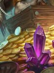  1boy beads blondynkitezgraja coin crystal drawer furry furry_male gem gold gold_coin head_out_of_frame highres jewelry necklace original purple_gem red_gem solo statue treasure_chest 