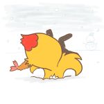 1:1 2022 ambiguous_anthro ambiguous_gender annyui0611 anthro biped braixen canid digital_drawing_(artwork) digital_media_(artwork) digitigrade dipstick_tail food generation_6_pokemon hi_res in_snow japanese_description mammal markings nintendo outside pokemon pokemon_(species) rear_view shrimp_(food) simple_background snow snowing snowman solo tail tail_markings translated_description upside_down