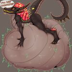 a.u.tumn absurd_res anthro belly belly_hug belly_rub big_belly brown_body bulge digestion dinosaur dragon hi_res horn hybrid imminent_death male mythological_creature mythological_scalie mythology onomatopoeia prehistoric_species red_eyes reptile rumbling_stomach scales scalie solo sound_effects spiked_tail spikes spikes_(anatomy) tail teeth text vore zenny