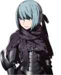  1girl armor artist_request beruka_(fire_emblem) black_armor black_headband blue_hair breasts capelet closed_mouth cowboy_shot fire_emblem fire_emblem_fates grey_eyes hair_between_eyes headband looking_ahead official_art short_hair simple_background solo standing third-party_source torn_capelet torn_clothes transparent_background 