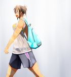  backpack bad_proportions bag bra breasts cowboy_shot fang large_breasts onibi_(foxhound4185) original patchwork_girl_(onibi) purple_eyes see-through shorts side_ponytail sideways_mouth solo tank_top underwear walking wet wet_clothes yellow_bra 