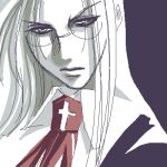  1girl ascot expressionless glasses greyscale hellsing integra_hellsing long_hair lowres monochrome portrait red_ascot simple_background solo spot_color toshimichi_yukari 