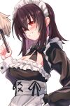  1girl absurdres alternate_costume apron black_bow black_bowtie black_dress blush bow bowtie breasts brown_hair cleavage commentary_request dress duster enmaided grin highres holding holding_duster large_breasts long_sleeves looking_at_viewer maid maid_day maid_headdress medium_hair red_eyes shameimaru_aya simple_background smile solo touhou upper_body waist_apron white_apron white_background yuuka_(a0240765) 
