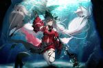  1girl air_bubble arknights ascot bare_shoulders black_ascot breasts bubble caustics clothing_cutout detached_sleeves dress gloves grey_hair hair_between_eyes hat highres holding holding_staff kiskil-llira legs long_hair long_sleeves looking_at_viewer medium_breasts navel navel_cutout official_alternate_costume red_dress red_eyes skadi_(arknights) skadi_the_corrupting_heart_(arknights) solo staff underwater very_long_hair 