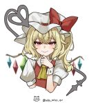  1girl ascot blonde_hair blush bow closed_mouth collared_shirt commentary crystal crystal_wings flandre_scarlet hair_between_eyes hat hat_bow highres laevatein_(touhou) long_hair looking_at_viewer mob_cap multicolored_wings one_side_up puffy_short_sleeves puffy_sleeves red_bow red_eyes red_vest shirt short_sleeves simple_background smile solo touhou twitter_username uka_miss_qv upper_body vest white_background white_hat white_shirt white_wrist_cuffs wings wrist_cuffs yellow_ascot 