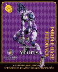  1other absurdres anime_coloring araki_hirohiko_(style) argyle_background argyle_skin black_helmet clenched_teeth colored_skin commentary commission compound_eyes copyright_name english_commentary food fruit full_body genda_art helmet highres jojo_no_kimyou_na_bouken knee_pads male_focus official_style purple_background purple_haze_(stand) purple_haze_feedback purple_skin solo stand_(jojo) strawberry teeth twitter_username vento_aureo white_skin yellow_eyes 