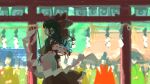  1girl 6+others ascot black_hair bow commentary_request detached_sleeves frilled_bow frilled_hair_tubes frills from_side gohei hair_bow hair_tubes hakurei_reimu highres holding holding_gohei long_hair multiple_others niy_(nenenoa) one-hour_drawing_challenge red_bow red_skirt ribbon-trimmed_sleeves ribbon_trim skirt skirt_set solo_focus touhou yellow_ascot 