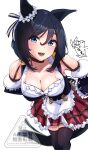  1girl animal_ears apron bare_shoulders black_hair black_thighhighs blue_eyes blush bob_cut bodice breasts choker cleavage collarbone commentary_request detached_sleeves dirndl ear_ornament ear_ribbon ear_scrunchie eishin_flash_(meisterschaft)_(umamusume) eishin_flash_(umamusume) german_clothes hair_between_eyes harukazetabiji horse_ears horse_girl horse_tail large_breasts looking_at_viewer open_mouth red_choker red_skirt scrunchie shirt short_hair simple_background skirt smile solo striped_clothes striped_skirt swept_bangs tail teeth thighhighs umamusume vertical-striped_clothes vertical-striped_skirt white_apron white_scrunchie white_shirt 