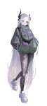  1girl :3 absurdres akiaki_aki alternate_costume asymmetrical_horns black_horns casual commentary_request earrings full_body goddess_of_victory:_nikke green_eyes hands_in_pockets highres horns jacket jewelry leviathan_(nikke) long_hair long_sidelocks multicolored_jacket pantyhose shoes sidelocks sneakers solo sphere_earrings torn_clothes torn_pantyhose two-tone_jacket very_long_hair very_long_sidelocks white_background white_hair 