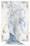  1girl absurdres beads blue_eyes blue_hair border choker colored_eyelashes dongsen_xuntu dress eyelashes forehead_jewel full_body gem hair_ornament highres jellyfish long_hair musical_note original outside_border parted_bangs pearl_(gemstone) shell shell_hair_ornament solo standing watermark white_choker white_eyelashes 