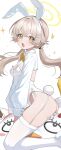  1girl alternate_costume animal_ears ass blonde_hair blue_archive blush bow bowtie breasts fake_animal_ears fake_tail from_side garter_straps hair_ornament halo hifumi_(blue_archive) highleg highleg_leotard highres leotard long_hair long_sleeves looking_at_viewer low_twintails open_mouth peroro_(blue_archive) playboy_bunny rabbit_ears rabbit_tail shrug_(clothing) shusuchii simple_background small_breasts smile solo sparkle strapless strapless_leotard tail thighhighs twintails white_background white_leotard white_thighhighs wing_hair_ornament yellow_eyes yellow_halo 