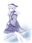  1girl absurdres blush breasts closed_mouth constellation_print detached_sleeves hat highres holding_own_skirt long_hair long_sleeves looking_at_viewer matara_okina medium_breasts mochigumo monochrome smile solo sun_print tabard touhou wading water wide_sleeves 