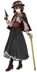  1girl black_capelet black_hat black_skirt black_socks boots bow brown_boots brown_corset brown_hair capelet collared_shirt commentary_request corset dubra fingerless_gloves frilled_skirt frills gloves goggles goggles_on_headwear gun handgun hat hat_bow high-waist_skirt high_heel_boots high_heels highres light_frown long_skirt long_sleeves looking_at_viewer medium_hair necktie red_capelet red_eyes shirt skirt socks solo staff tachi-e touhou two-sided_capelet usami_renko weapon weapon_request white_background white_shirt 
