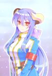  1girl armband blue_hair blue_jacket bow closed_mouth commentary_request gold_horns gold_trim hair_between_eyes hair_bow hikabe_sakuho ibarahime_shizuka jacket long_hair multicolored_jacket purple_bow red_eyes shinrabanshou sidelocks solo upper_body white_jacket 