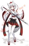  1girl animal_ears autumn_leaves black_skirt clothing_cutout commentary detached_sleeves full_body geta hat highres hip_vent holding holding_sword holding_weapon inubashiri_momiji japanese_clothes kimono kourindou_tengu_costume leaf mfng235717 pleated_skirt pom_pom_(clothes) red_eyes red_hair ribbon-trimmed_sleeves ribbon_trim shadow short_hair signature skirt smile solo standing standing_on_one_leg sword tail tengu tengu-geta thighhighs tokin_hat touhou weapon white_hair white_kimono white_thighhighs wide_sleeves wolf_ears wolf_girl wolf_tail 