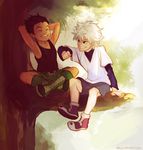  arms_behind_head black_hair blue_eyes branch cross-laced_footwear gon_freecss grin highres hunter_x_hunter indian_style killua_zoldyck male_focus multiple_boys sitting smile tank_top tree viktoria_ridzel watermark web_address white_hair 