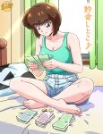  1girl absurdres aqua_tank_top artist_logo artist_name banknote bare_legs bare_shoulders barefoot bed bedroom blunt_bangs blunt_ends bob_cut breasts brown_eyes brown_hair casual cleavage closed_mouth coin collarbone commentary curtains day feet full_body headboard highres holding holding_money indian_style indoors inverted_bob large_breasts legs light_rays logo looking_at_object looking_down majo_no_takkyuubin money on_bed pillow ranma_1/2 shoes short_hair short_shorts shorts sitting smile solo sparkle sunbeam sunlight tank_top tendou_nabiki toenails toes translated wakkaa white_shoes window 