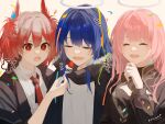  3girls absurdres annoyed arknights artist_name black_jacket blue_hair closed_eyes feather_hair feeding fiammetta_(arknights) food fruit happy happy_birthday high_collar highres holding holding_spork jacket lemuen_(arknights) long_hair looking_at_viewer mostima_(arknights) motoha multiple_girls no_horns open_mouth pink_hair red_eyes red_hair ribbon shirt short_hair spork strawberry sweatdrop upper_body white_shirt 