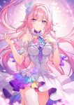  1girl bare_shoulders breasts commentary_request cowboy_shot cyrene_(demiurge)_(honkai:_star_rail) cyrene_(honkai:_star_rail) diamond-shaped_pupils diamond_(shape) dress flower fukase_ayaka hair_flower hair_ornament honkai:_star_rail honkai_(series) long_hair looking_at_viewer medium_breasts nail_polish parted_lips partial_commentary pink_hair pink_nails pointy_ears purple_eyes purple_flower purple_rose rose smile solo symbol-shaped_pupils white_dress 