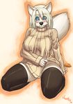  big_breasts blind blue_eyes blush bottomless breasts canine clothed clothing female fox fur hair half-dressed huge_breasts justice justicecoloredsketch legwear mammal multiple_tails red_hair stockings sweater white_fur white_hair 