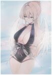  1girl absurdres angel_wings beads black_one-piece_swimsuit blue_archive breasts brown_hair closed_mouth commentary_request covered_navel english_commentary feathered_wings halo highres hyperlin3x jewelry medium_breasts nagisa_(blue_archive) nagisa_(swimsuit)_(blue_archive) official_alternate_costume official_alternate_hairstyle one-piece_swimsuit see-through_clothes solo swimsuit water white_wings wings yellow_eyes 