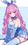  1girl absurdres animal_ear_hairband animal_ears blue_bow blue_choker blue_eyes blue_sleeves bow breasts character_request choker cleavage copyright_request criss-cross_straps fake_animal_ears hairband highres long_hair pink_hair pom_pom_(clothes) rabbit_ear_hairband rabbit_ears ribbed_sleeves ribbed_thighhighs shinzousan skirt solo thighhighs white_skirt 