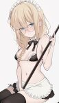  1girl aesc_(fate) aesc_(rain_witch)_(fate) apron bare_shoulders bikini black_bikini black_skirt black_thighhighs blonde_hair blue_eyes blush braid breasts choker cleavage commentary_request fate/grand_order fate_(series) frilled_choker frills glasses highres long_hair looking_at_viewer maid maid_bikini maid_headdress mati5572 medium_breasts miniskirt mop navel round_eyewear side_ponytail sitting skirt smile solo swimsuit thighhighs thighs unconventional_maid waist_apron 