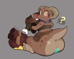 anthro big_butt bottom_heavy brown_body brown_clothing brown_gloves brown_handwear brown_scales brown_topwear butt clothing coin coin_bag eating eating_food eating_meat eyelashes feet female food gloves grey_background handwear hi_res holding_food holding_meat holding_object horn huge_butt kobold looking_at_viewer looking_back looking_back_at_viewer meat piko_(simplifypm) question_mark rear_view red_eyes scales scalie simple_background sitting solo tan_horn theonehornedimp topwear yellow_sclera