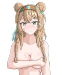  1girl :t a1148281131 animal_ears annoyed arknights bear_ears blonde_hair blush braid breasts cheek_tattoo chinese_commentary cleavage commentary_request covering_breasts covering_privates grey_hair hairband highres long_hair material_growth nude oripathy_lesion_(arknights) pout snow_hunter_(arknights) tattoo upper_body yellow_pupils 