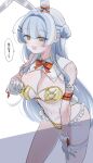  1girl animal_ear_hairband animal_ears arm_belt blue_hair bow bowtie breasts cleavage commentary_request covered_navel detached_collar fake_animal_ears fur-trimmed_gloves fur_trim gloves hair_bun hair_ornament hairband hairclip hayupipipipi highres julia_barnes large_breasts leotard long_hair multicolored_leotard muv-luv muv-luv_girls_garden open_mouth partially_unzipped playboy_bunny rabbit_ear_hairband rabbit_ears red_bow red_bowtie ringed_eyes single_hair_bun solo speech_bubble thigh_strap translation_request white_gloves white_leotard yellow_eyes yellow_leotard 