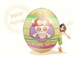  1boy arm_tattoo boots bracelet chibi commentary_request easter_egg egg freckles full_body green_shorts happy_easter hat highres jewelry kazuto_(kazu_one_a) male_focus one_piece orange_hat outstretched_arm portgas_d._ace shorts smile solo tattoo 