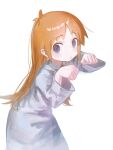  1girl blue_eyes blush dot_nose english_commentary from_side highres lab_coat leaning_forward long_hair looking_at_viewer nichijou omote_m0nl orange_hair paw_pose professor_shinonome simple_background solo white_background wide_sleeves 