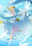 1girl absurdres aqua_hair bird blue_eyes blue_hair blue_sky bow breasts closed_mouth cloud commentary_request dress flower hair_between_eyes hat hat_bow hatsune_miku highres holding_own_dress kamatoyu long_hair looking_at_viewer sky small_breasts smile solo sun_hat sunflower twintails very_long_hair vocaloid water white_dress 