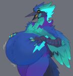 2026 ambiguous_gender anthro avian beak belly big_belly bird black_beak blue_body blue_feathers blue_tail blue_wings feathers grey_background hand_on_belly hi_res open_mouth overweight purple_legs simple_background solo tail vorazoid wings yellow_eyes