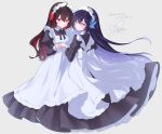  2girls absurdres apron black_dress black_hair blue_eyes colored_inner_hair commentary_request dress dual_persona highres honkai_(series) honkai_impact_3rd long_dress long_hair maid_apron maid_headdress multicolored_hair multiple_girls red_eyes red_hair rinna_(xxrinna) seele_(alter_ego) seele_vollerei seele_vollerei_(starchasm_nyx) simple_background smile two-tone_hair very_long_hair white_apron 