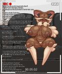 2024 4:5 absurd_res anthro big_breasts big_nipples blush breasts brown_body brown_fur dialogue english_text eyelashes female fur furniture generation_4_pokemon genitals grey_sclera hi_res huge_breasts huge_nipples lagomorph looking_at_viewer lopunny mammal montgomery_glands mrdirtandgrime muscular_legs navel nintendo nipples offscreen_character pink_eyes pokemon pokemon_(species) pubes puffy_nipples recording shy sitting sofa solo spread_legs spreading tail tan_body tan_fur text thick_thighs vulva