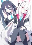 2girls aqua_halo aqua_necktie aris_(armed)_(blue_archive) aris_(blue_archive) bare_shoulders black_gloves black_hair black_hairband black_thighhighs blue_archive blue_eyes blue_necktie blush commentary_request convenient_leg divergenceok elbow_gloves gloves hair_between_eyes hairband halo hand_on_another's_shoulder head_tilt highres jacket kei_(blue_archive) kei_(new_body)_(blue_archive) leotard long_hair long_hair_between_eyes looking_at_viewer multicolored_jacket multiple_girls necktie official_alternate_costume official_alternate_hairstyle pink_eyes pink_halo rectangular_halo ringed_eyes shirt showgirl_skirt sidelocks thighhighs twintails two-tone_jacket white_hair white_jacket white_leotard white_shirt 
