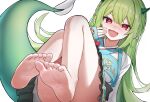  1girl absurdres aqua_dress aqua_jacket barefoot black_dress blush commentary_request cropped_jacket dress fang feet foot_focus full_body garam_(ryeoubi) green_horns hair_between_eyes highres horns jacket korean_commentary legs long_hair long_sleeves looking_at_viewer multicolored_dress multicolored_jacket open_clothes open_jacket open_mouth original pointy_ears poisoncrown01 red_dress red_eyes simple_background skin_fang soles solo tail two-tone_jacket white_background white_dress white_jacket 