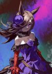  1girl animal_ears bare_shoulders blue_dress blue_flower blue_hat blue_rose breasts brown_hair closed_mouth commentary_request dress flipped_hair flower fur_choker hair_over_one_eye hat hat_flower highres horse_ears horse_girl horse_tail inishie_kumo long_hair long_sleeves off-shoulder_dress off_shoulder purple_eyes rice_shower_(rosy_dreams)_(umamusume) rice_shower_(umamusume) rose small_breasts solo tail tilted_headwear umamusume 